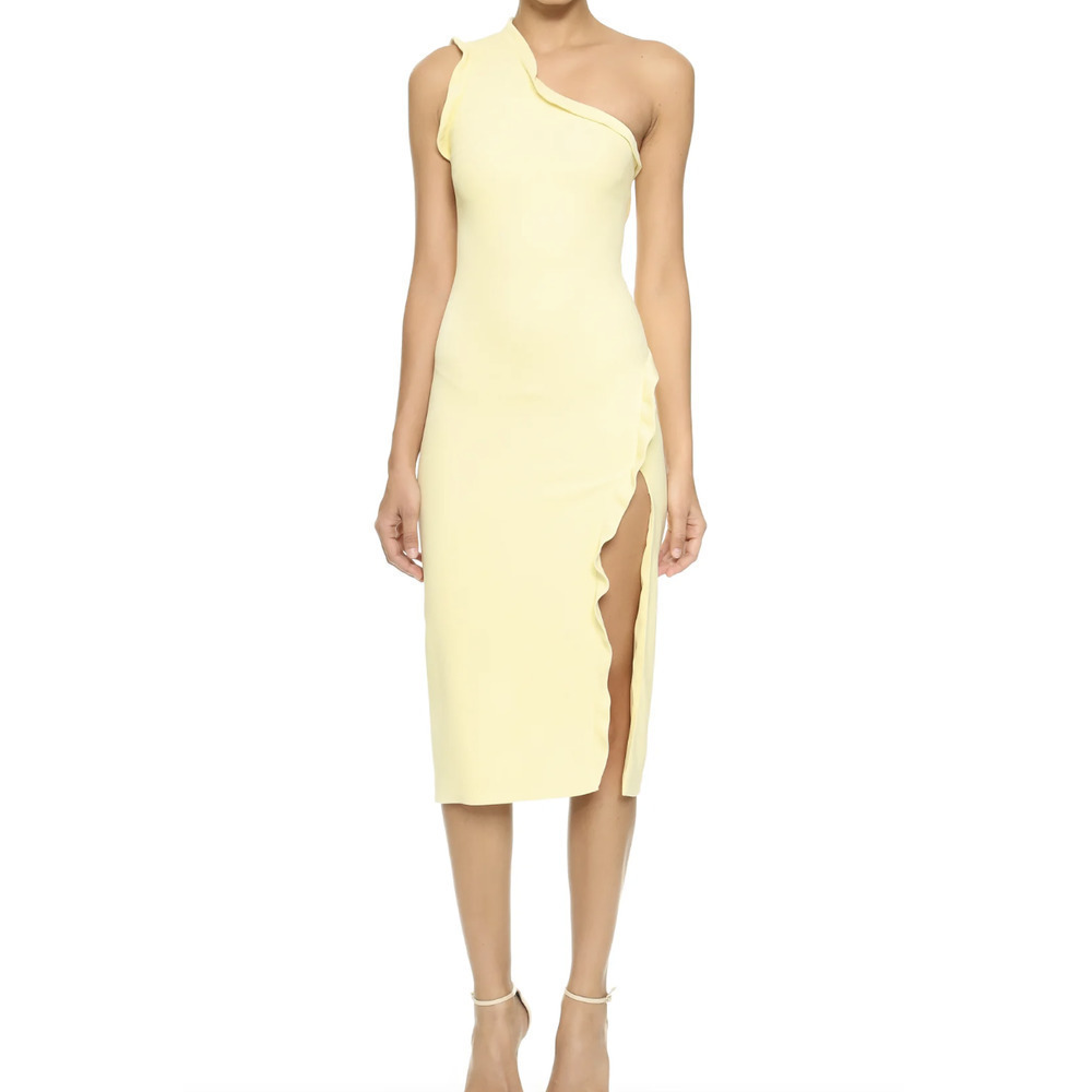 Cushnie et Ochs Yellow One Shoulder Ruffle Sheath Dress with Slit • Size 2 🔴